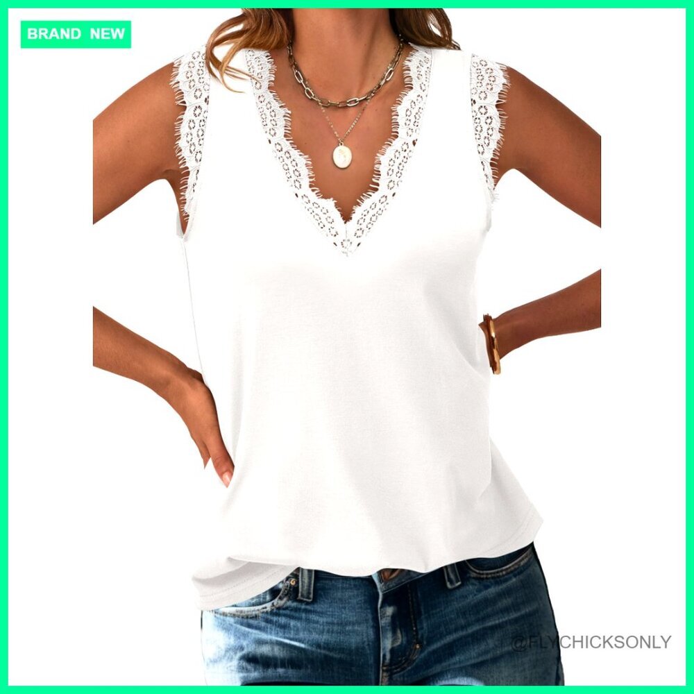 Lace Trim V-Neck Tank Top Sleeveless Cami Summer Casual Dressy